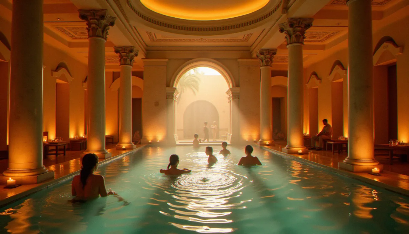 Intérieur élégant d'un thermal spa historique avec colonnes en marbre et lumière dorée