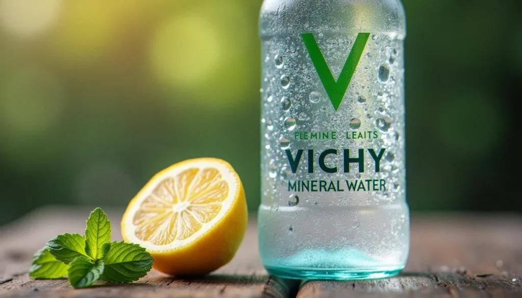 le vichy featured Bouteille d'eau minérale Vichy fraîche sur une table en bois avec citron et menthe