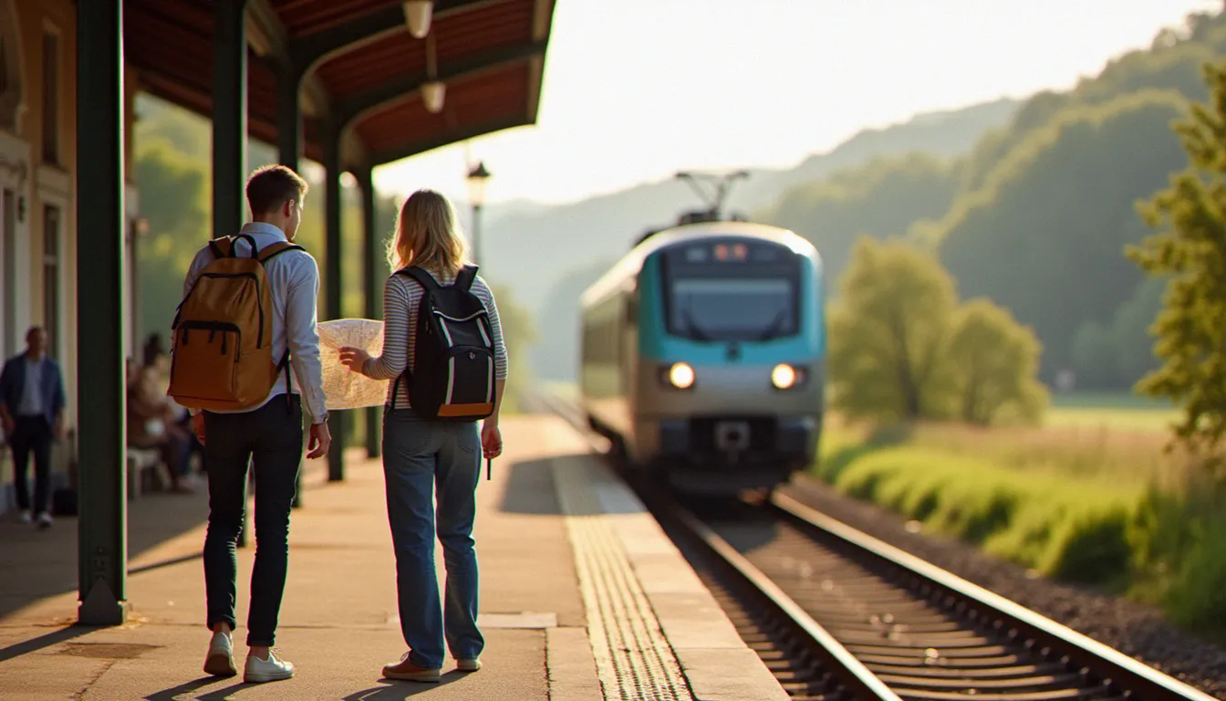 Couple de voyageurs consultant une carte sur un quai de gare avant de partir de Vichy vers Clermont-Ferrand