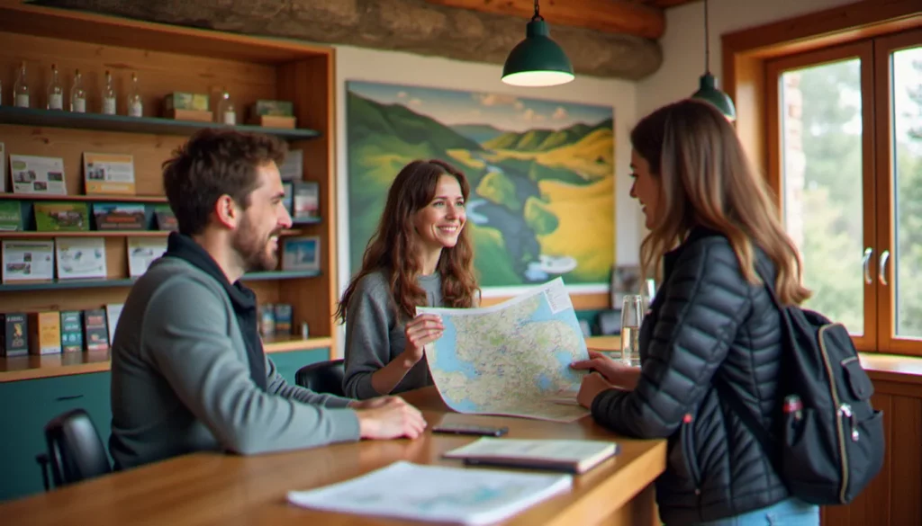 office tourisme puy de dome featured Conseiller d'un office tourisme Puy de Dôme remettant une carte de randonnée à un visiteur au comptoir d'accueil
