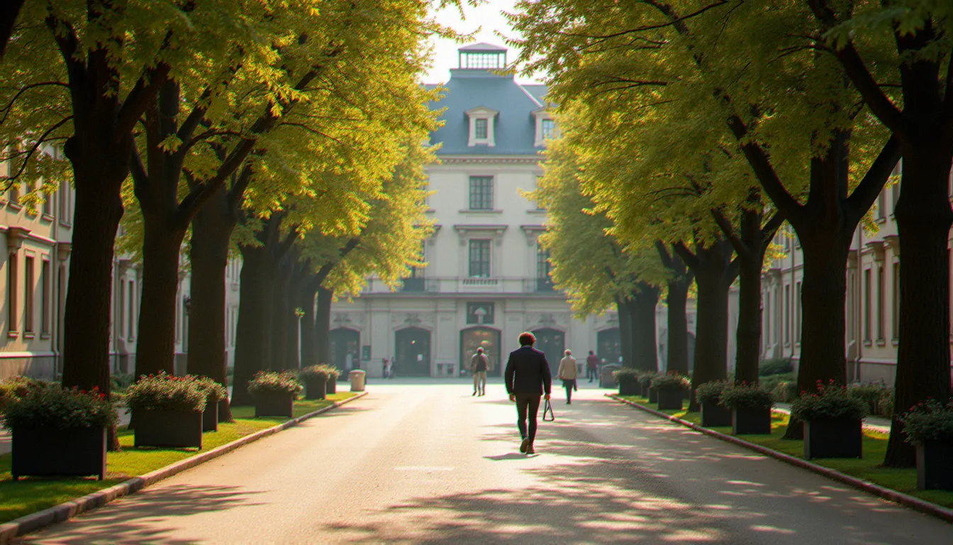 Promeneur marchant dans une avenue arborée du centre de Vichy, en direction du quartier thermal