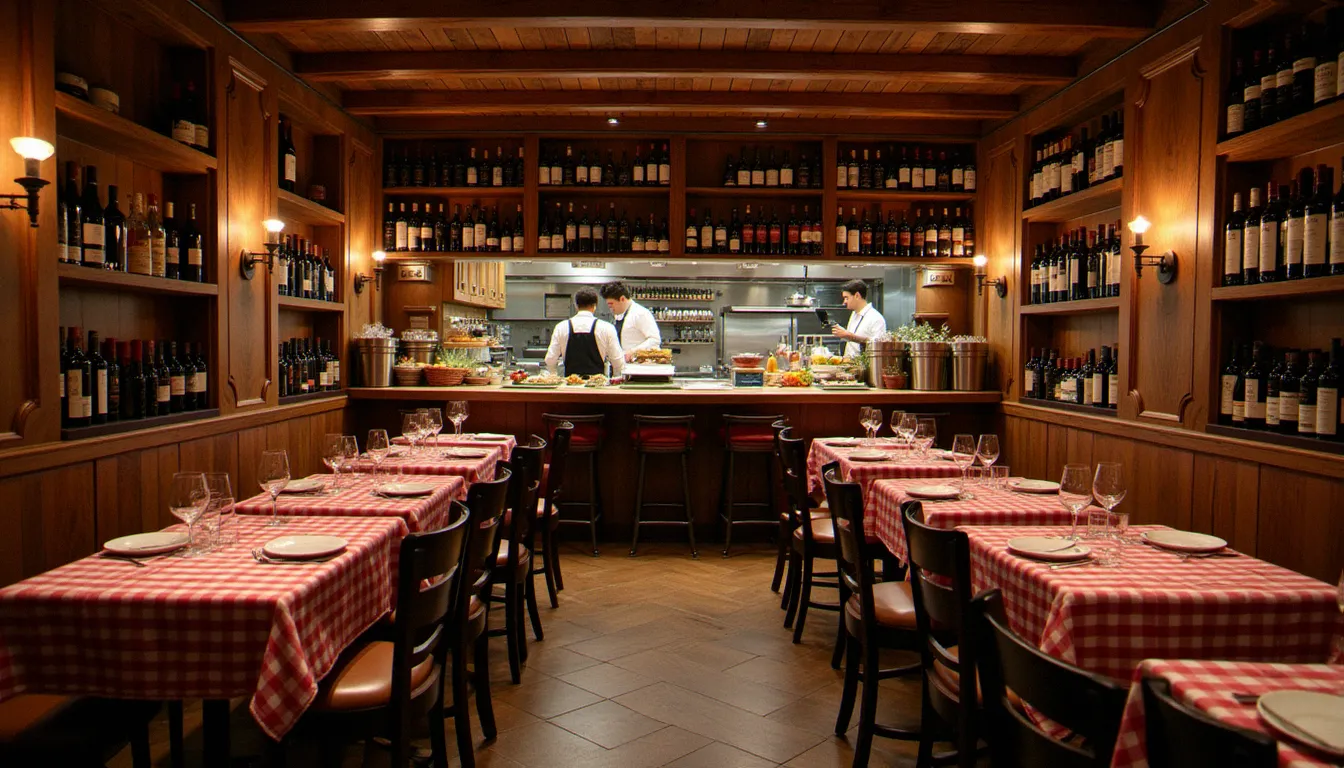 Intérieur d'un bouchon lyonnais traditionnel avec cuisine ouverte et ambiance chaleureuse