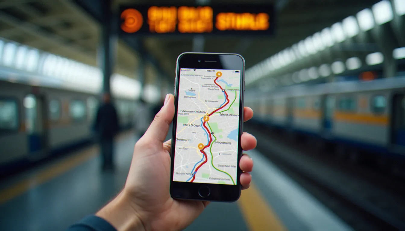 Une personne consulte l'itinéraire de son trajet sur son téléphone, sur un quai de gare, pour préparer son voyage en TER