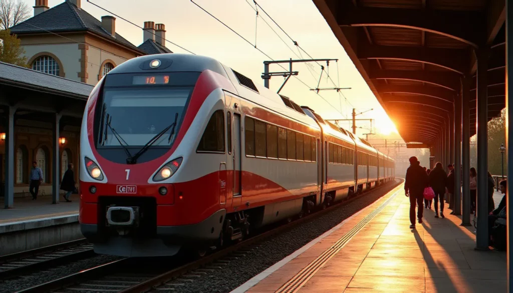 ter auvergne rhone alpes featured Un train TER Auvergne-Rhône-Alpes à quai dans une gare de ville thermale, au coucher du soleil, avec quelques voyageurs sur le quai