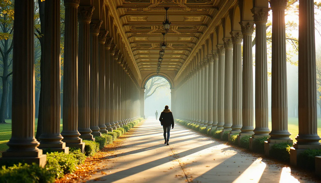 Promeneur sous la galerie couverte du parc des Sources à Vichy, point de départ d'un itinéraire Vichy à pied