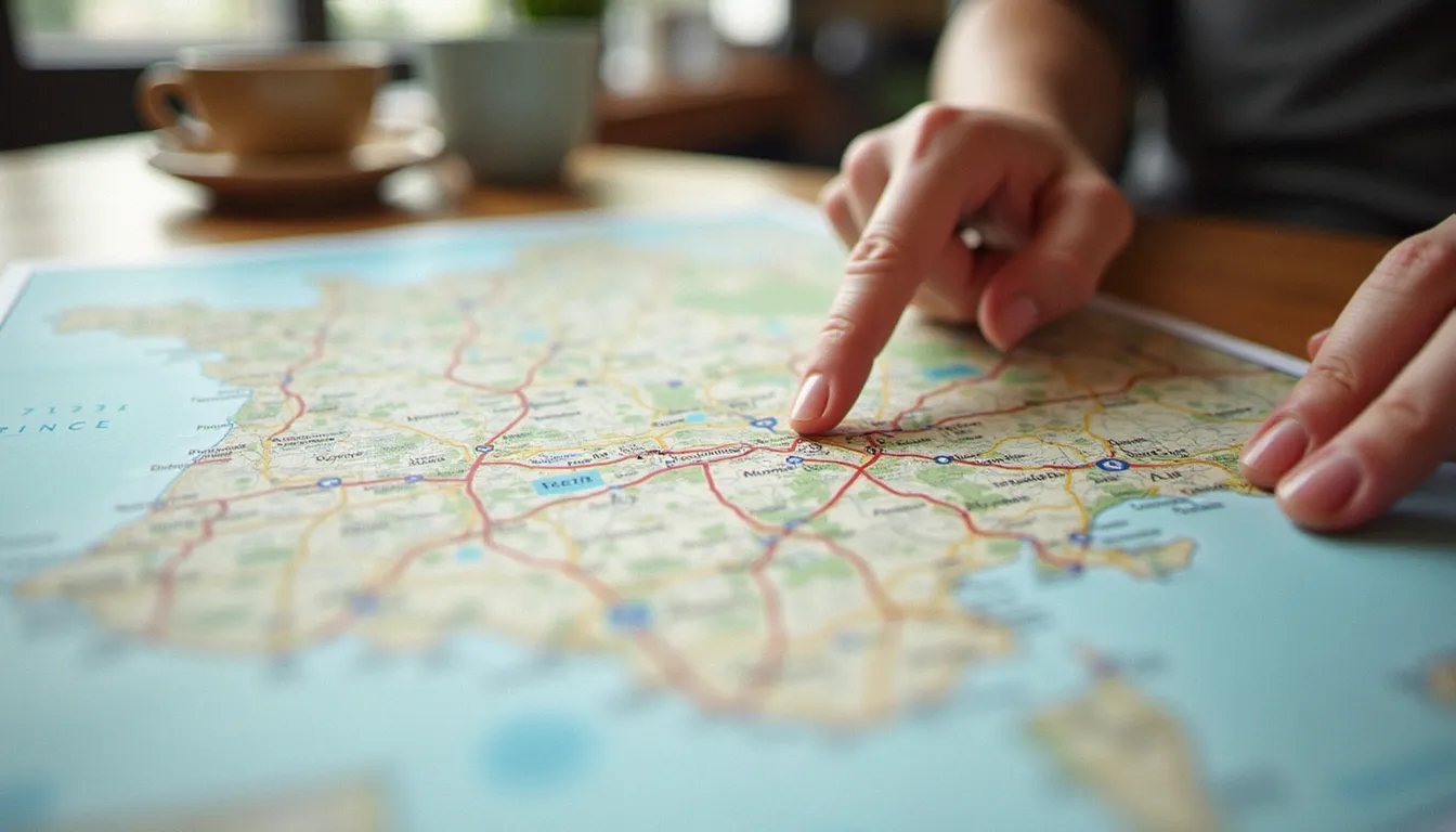 Une carte routière dépliée sur une table de café pour situer la région et le département de Vichy