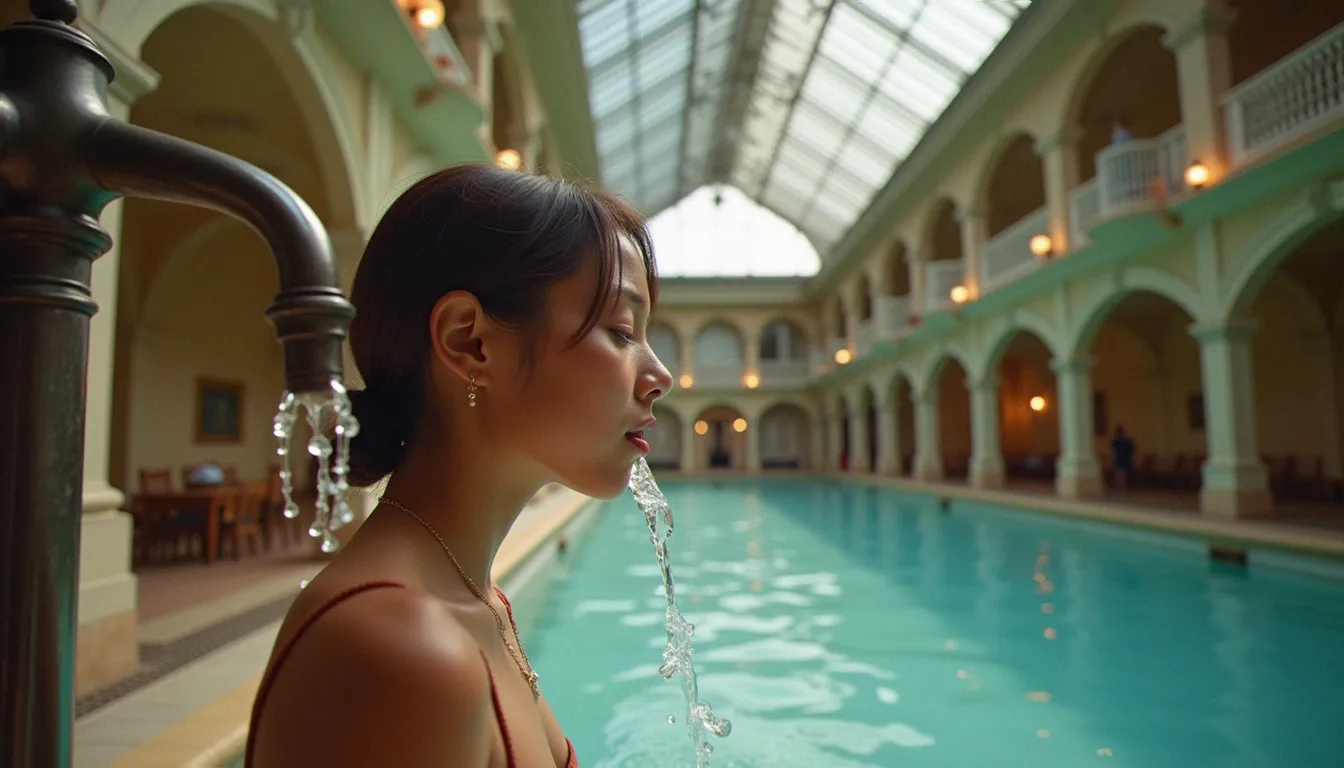 Visiteur goûtant l'eau d'une source thermale dans un hall historique à Vichy