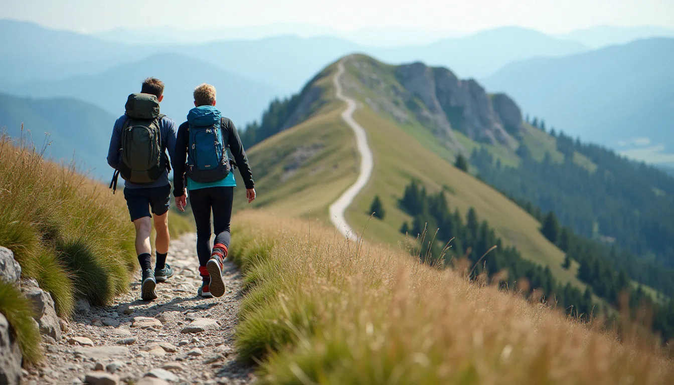 Deux randonneurs montant à pied vers le sommet du Puy de Dôme par un sentier caillouteux