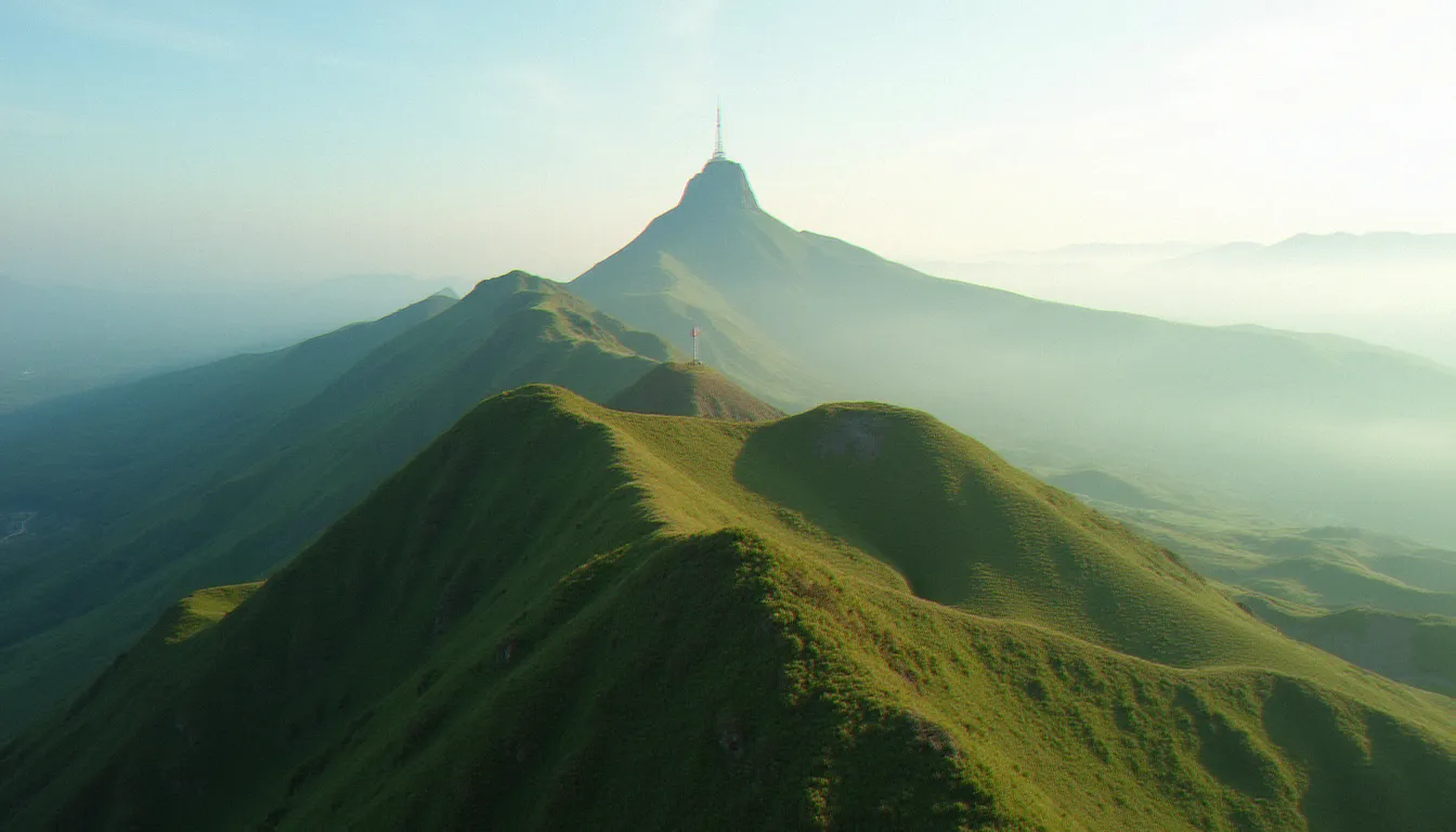 Vue aérienne des volcans de Clermont Ferrand, avec la Chaîne des Puys et le Puy de Dôme dans la brume du matin