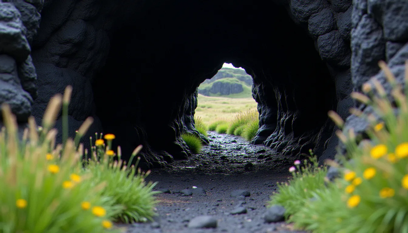 Entrée d'un tunnel de lave dans les volcans d'Auvergne, formé de basalte noir