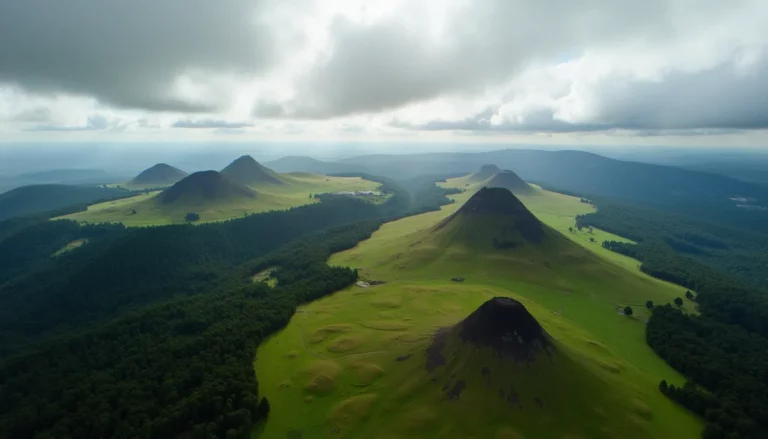 Vue aérienne de la Chaîne des Puys, ensemble de volcans d'Auvergne classés au patrimoine mondial de l'UNESCO
