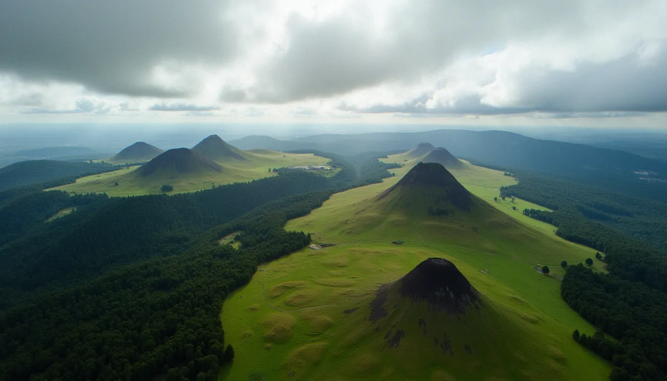 Vue aérienne de la Chaîne des Puys, ensemble de volcans d'Auvergne classés au patrimoine mondial de l'UNESCO