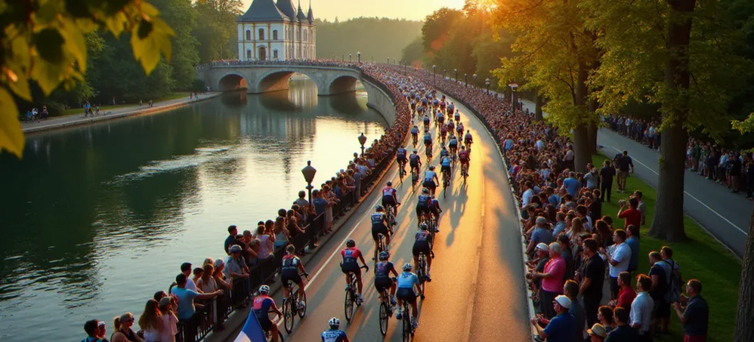 Le peloton de la 11e étape du Tour de France 2026 traversant les bords de l'Allier à Vichy sous le soleil de juillet, entouré de spectateurs enthousiastes