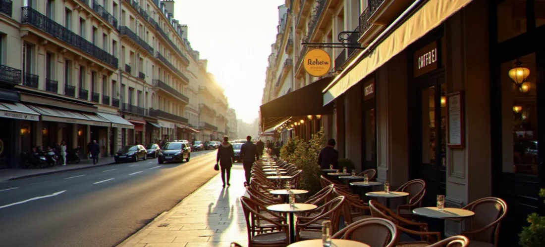 Vue du Boulevard du Montparnasse dans le 14e arrondissement de Paris, terrasse de café animée au pied d'immeubles haussmanniens sous la lumière matinale