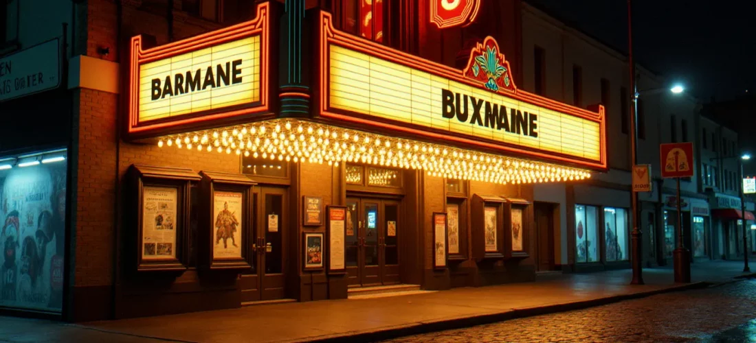 Façade illuminée d'un cinéma vintage des années 1970 la nuit, avec marquise Art Déco et reflets sur les pavés mouillés, évoquant l'âge d'or du cinéma de 1975