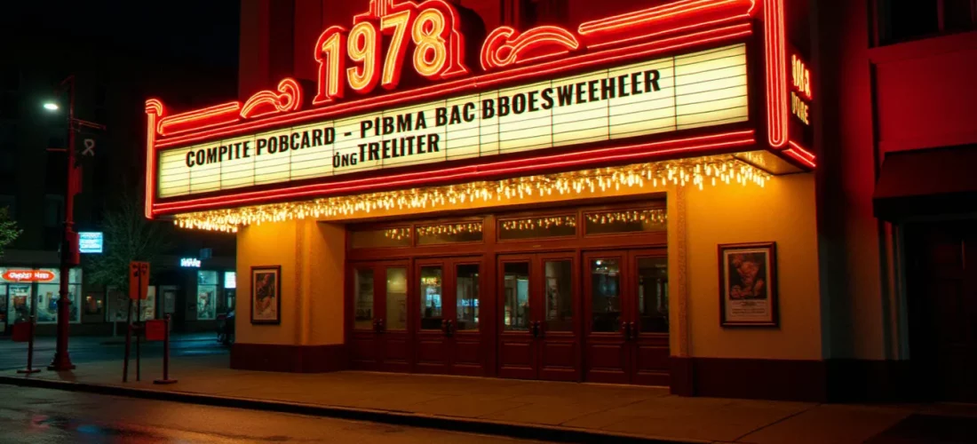 Façade illuminée d'un cinéma vintage style années 1978, reflet des néons sur le trottoir mouillé, illustration de l'atmosphère du cinéma en 1978