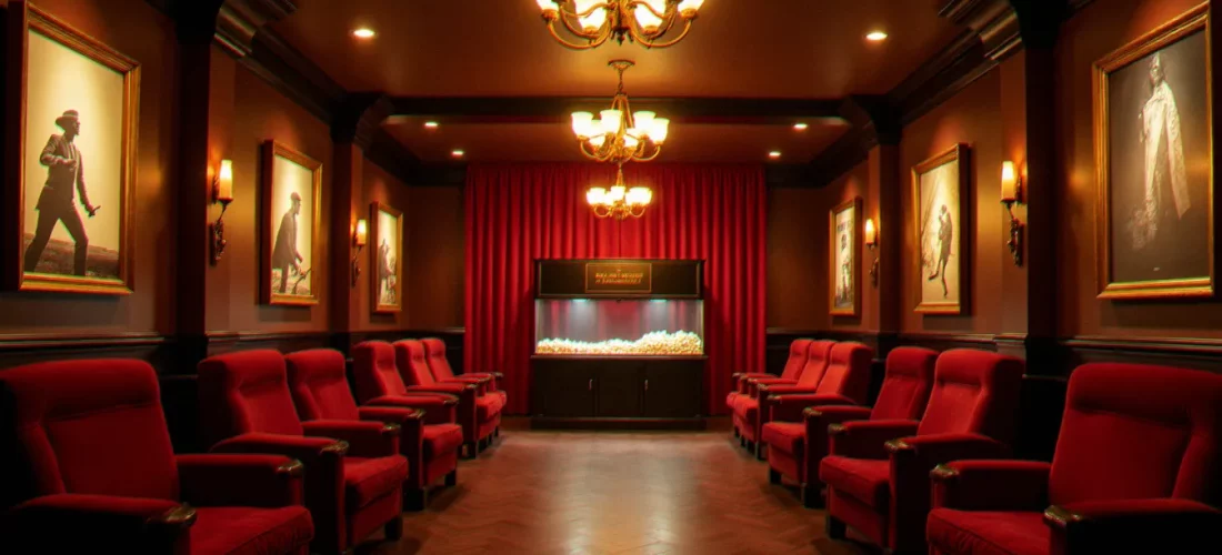 Hall d'un cinéma vintage des années 1987 avec des affiches de films classiques, éclairage chaleureux et rideaux en velours rouge