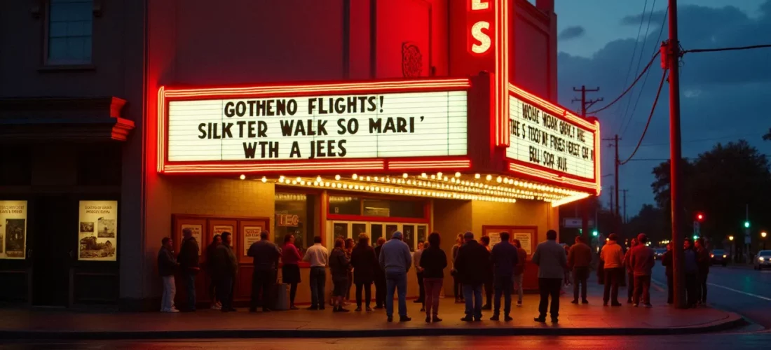 Façade d'un cinéma vintage des années 1990 illuminée la nuit, évoquant l'ambiance des salles obscures de 1992 au cinéma