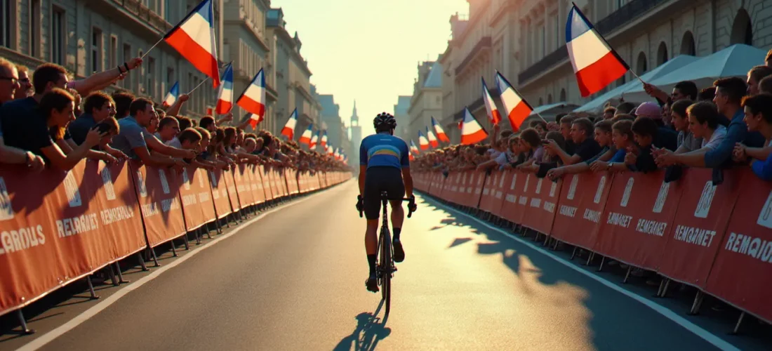 Un coureur cycliste en position de contre-la-montre franchit la ligne d'arrivée de la 19e étape du Tour de France 2008 à Vichy, sous les acclamations du public