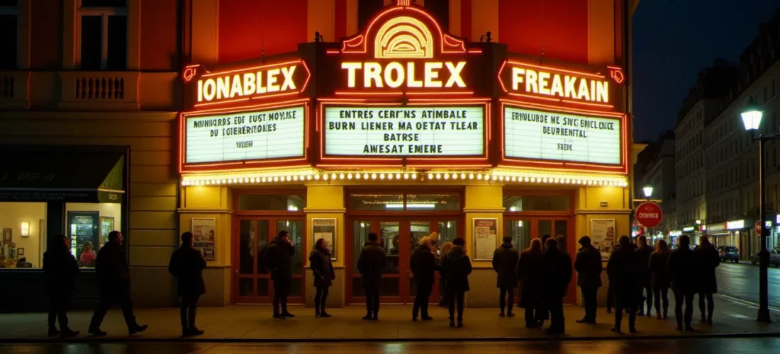 Façade d'un cinéma français illuminée la nuit avec une file d'attente de spectateurs, évoquant l'atmosphère des sorties de films de 2001 au cinéma