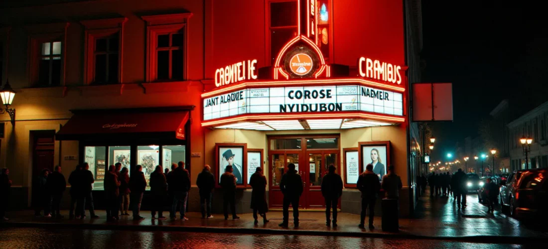 Façade d'un cinéma français illuminée la nuit en 2002, avec des affiches de films et une file d'attente de spectateurs sous les néons — ambiance typique du cinéma de cette année mythique