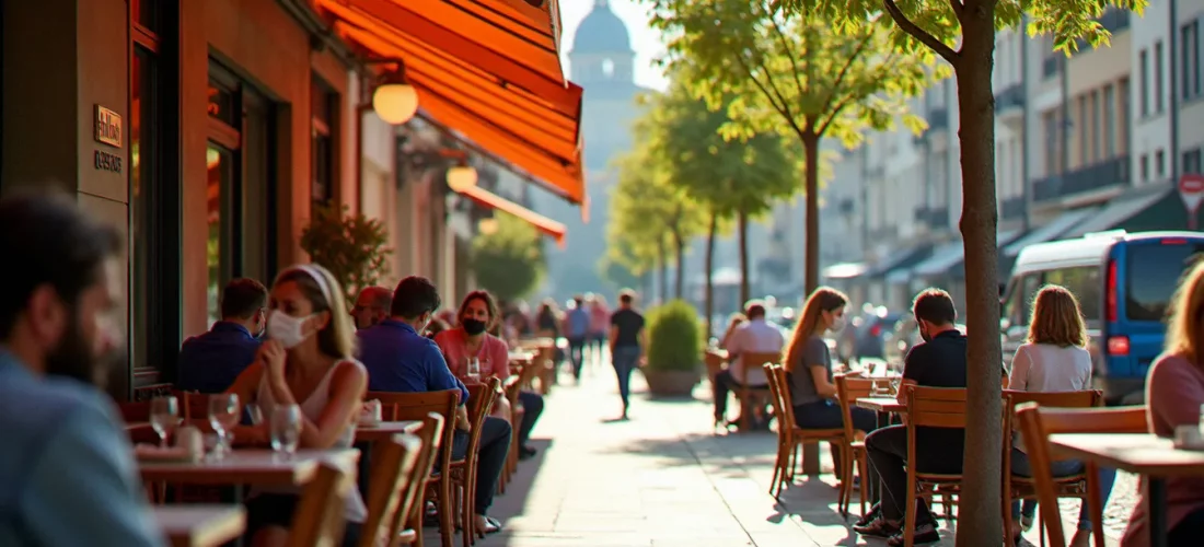 Terrasses du centre-ville de Vichy au printemps 2021, lors de la réouverture progressive après le confinement