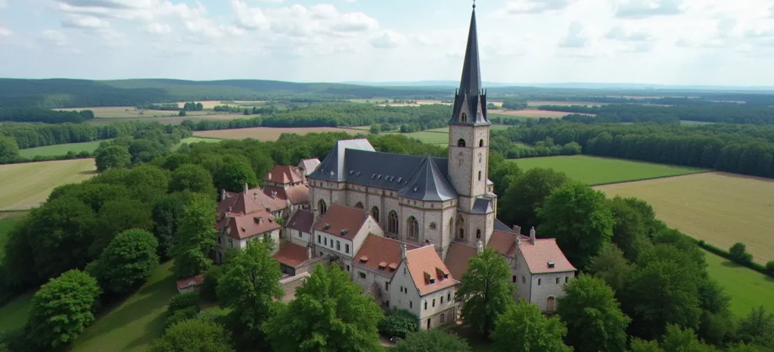 Vue aérienne du village d'Abrest avec son église et ses maisons en pierre, entouré de champs et de forêts