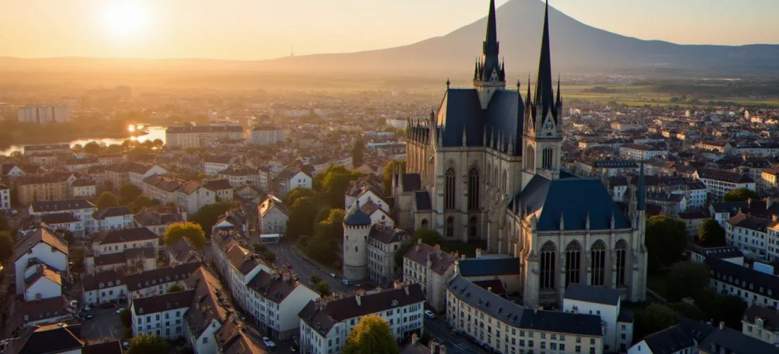 Vue aérienne du centre-ville de Clermont-Ferrand avec la cathédrale et le Puy-de-Dôme, siège de l'académie de Clermont-Ferrand
