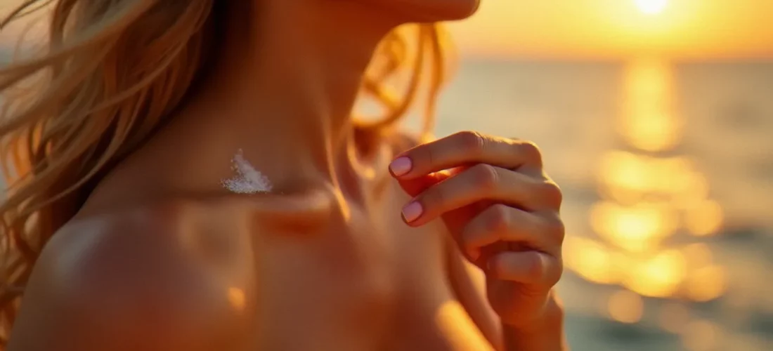 Femme appliquant un accélérateur de bronzage sur sa peau hâlée, lumière dorée d'été en plein air
