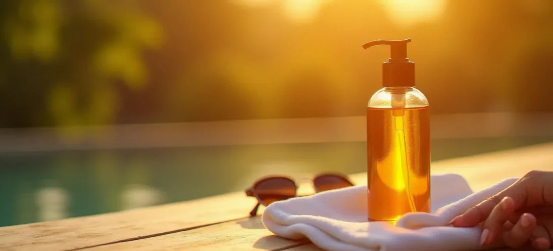 Flacon d'accélérateur de bronzage puissant tenu à la lumière du soleil dans un parc estival français, ambiance dorée et lumineuse