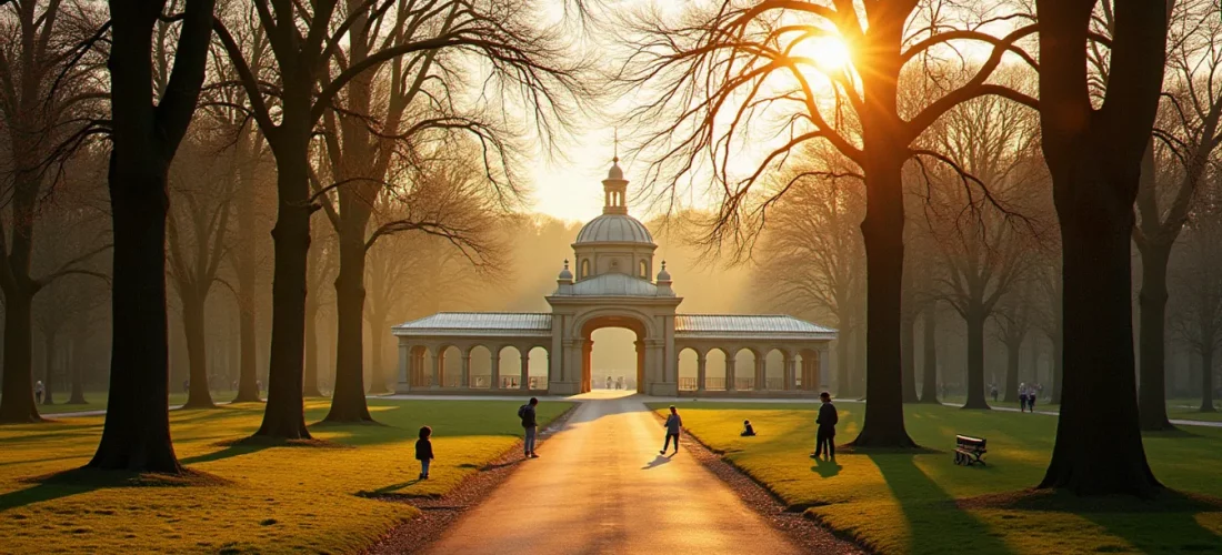 Promenade dans le Parc des Sources à Vichy, avec ses galeries couvertes en fin de journée, pour illustrer les activités à Vichy