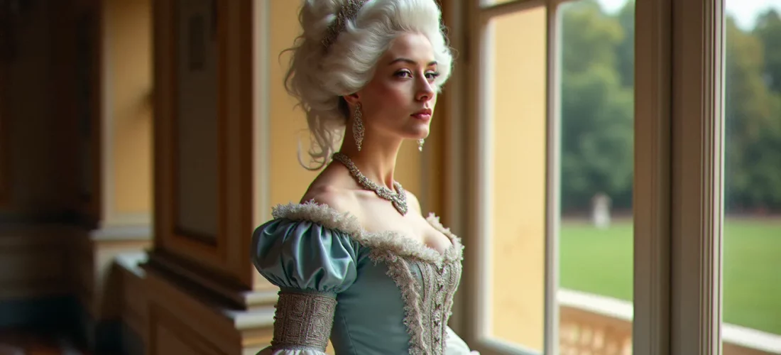 Portrait évocateur d'Adélaïde de France (1732-1800), fille de Louis XV, en robe de cour du XVIIIe siècle devant les jardins de Versailles