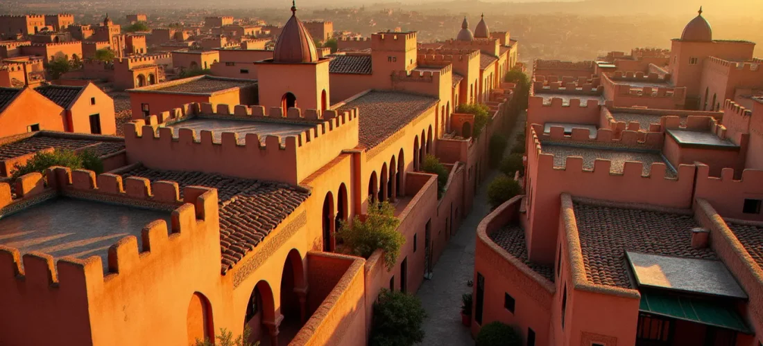 Vue aérienne sur les toits d'une médina d'Afrique du Nord au coucher du soleil, architecture traditionnelle maghrébine aux couleurs ocre et terracotta