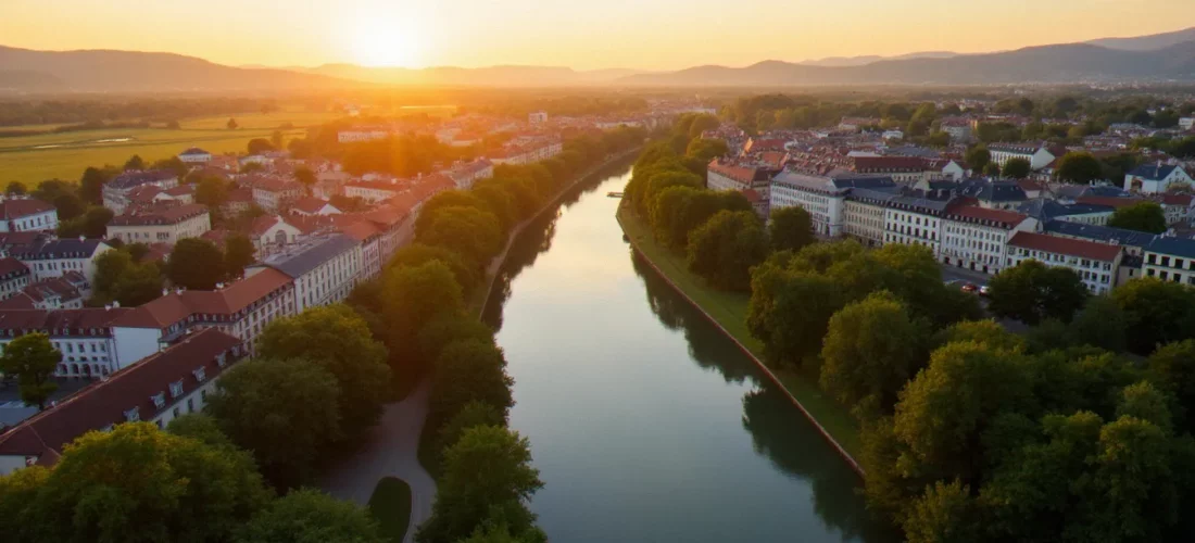Vue aérienne de l'aire d'attraction de Vichy au coucher du soleil, avec le centre thermal, les berges de l'Allier et les communes environnantes