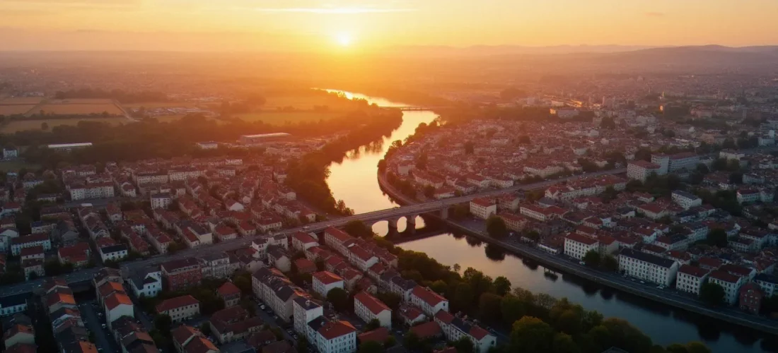 Vue aérienne d'une ville française de taille intermédiaire et de son aire d'attraction s'étendant vers les communes rurales environnantes