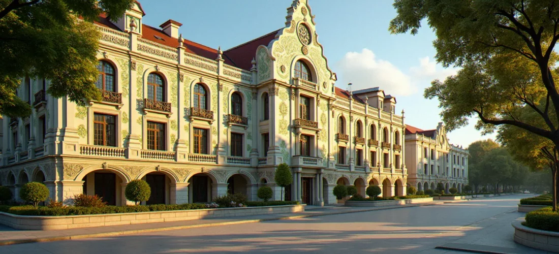 Façade Belle Époque d'un édifice thermal de Vichy, exemple typique de l'aire de mise en valeur de l'architecture et du patrimoine, avec céramiques florales et balcons en ferronnerie