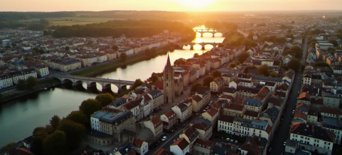 Vue aérienne d'une aire urbaine française au coucher du soleil, avec le centre-ville historique et sa couronne périurbaine visible en arrière-plan