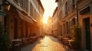 Rue Albert Dauzat à Vichy baignée par la lumière du soir, terrasses de café et façades en pierre du centre-ville