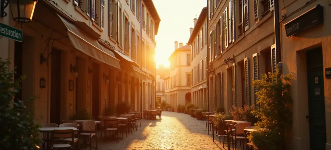 Rue Albert Dauzat à Vichy baignée par la lumière du soir, terrasses de café et façades en pierre du centre-ville