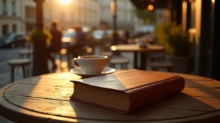 Un livre ancien d'Albert Londres posé sur une table de terrasse de café à Vichy, baigné par la lumière dorée du couchant