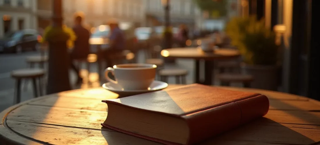 Un livre ancien d'Albert Londres posé sur une table de terrasse de café à Vichy, baigné par la lumière dorée du couchant