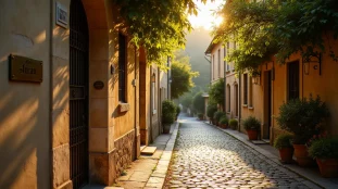 Rue de Vichy portant le nom d'Albert Sarraut, baignée de lumière dorée en fin d'après-midi, avec façade en pierre et grille en fer forgé