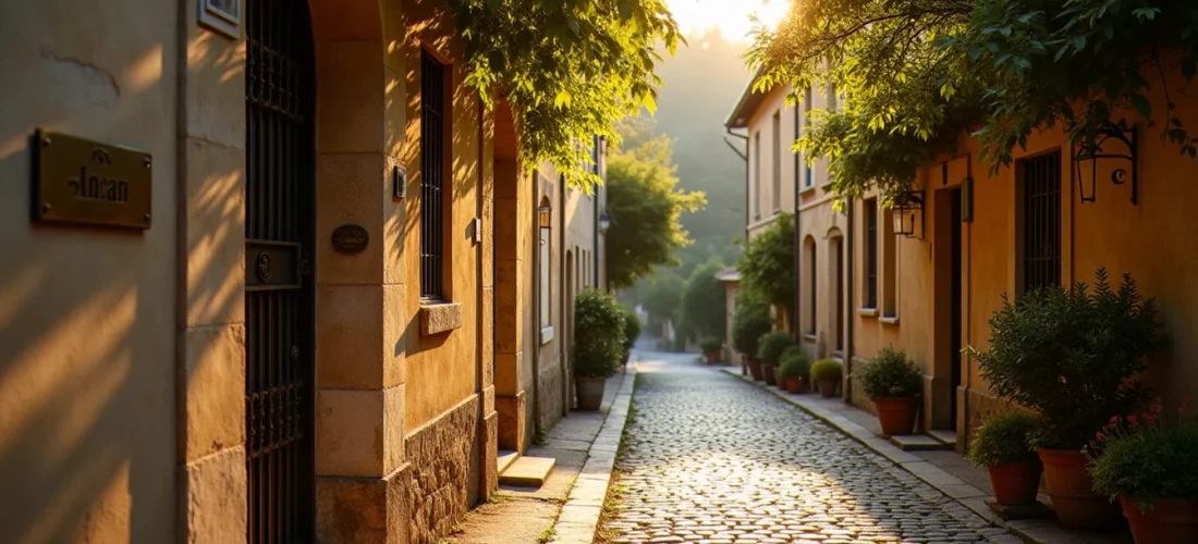 Rue de Vichy portant le nom d'Albert Sarraut, baignée de lumière dorée en fin d'après-midi, avec façade en pierre et grille en fer forgé