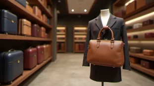 Intérieur de la boutique Aletti Palace à Vichy avec bagages rigides et maroquinerie en cuir exposés sur étagères