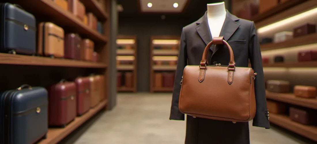 Intérieur de la boutique Aletti Palace à Vichy avec bagages rigides et maroquinerie en cuir exposés sur étagères