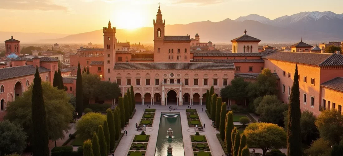 Vue panoramique de l'Alhambra (Grenade) au coucher du soleil, avec les remparts rouges, les palais nasrides et les jardins du Generalife illuminés par une lumière dorée.
