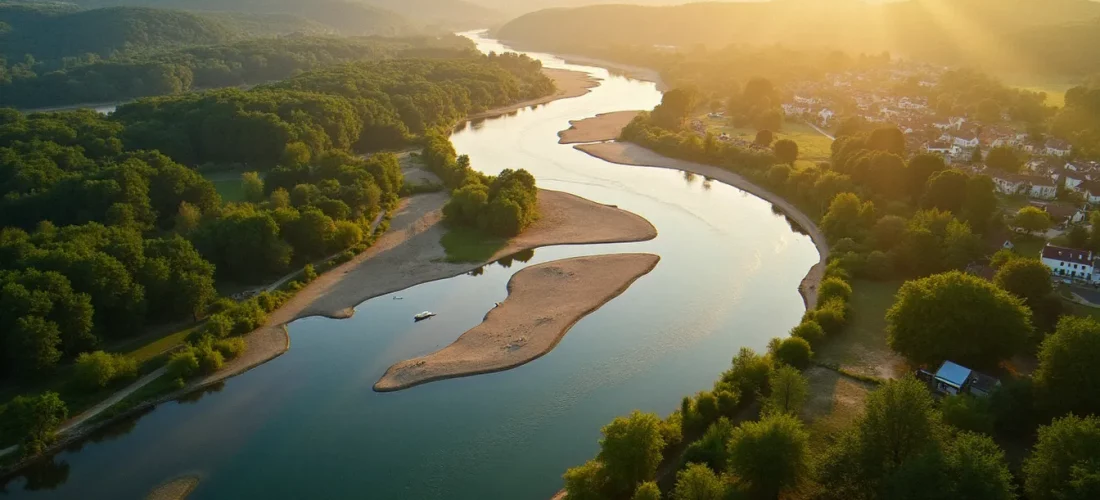 Vue aérienne de la vallée de l'Allier avec ses méandres sauvages et ses berges sablonneuses, département de l'Allier en Auvergne