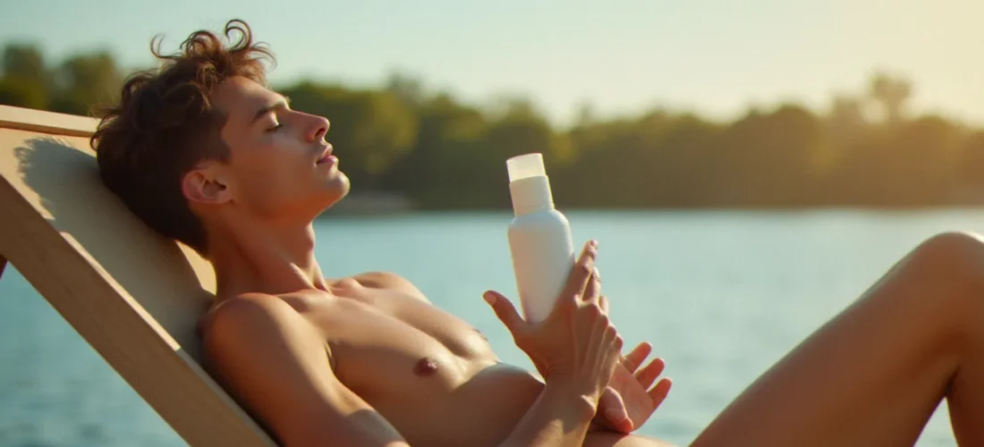 Homme appliquant de la crème solaire au bord d'une rivière ensoleillée, illustrant les astuces pour bronzer plus vite de manière sécurisée