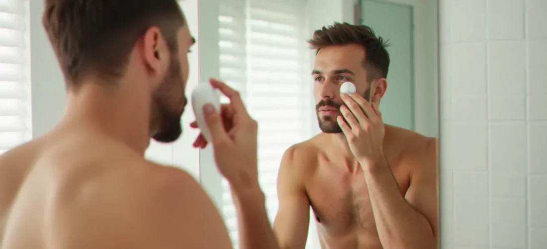 Homme appliquant un autobronzant homme devant un miroir dans une salle de bain lumineuse, teint naturellement hâlé