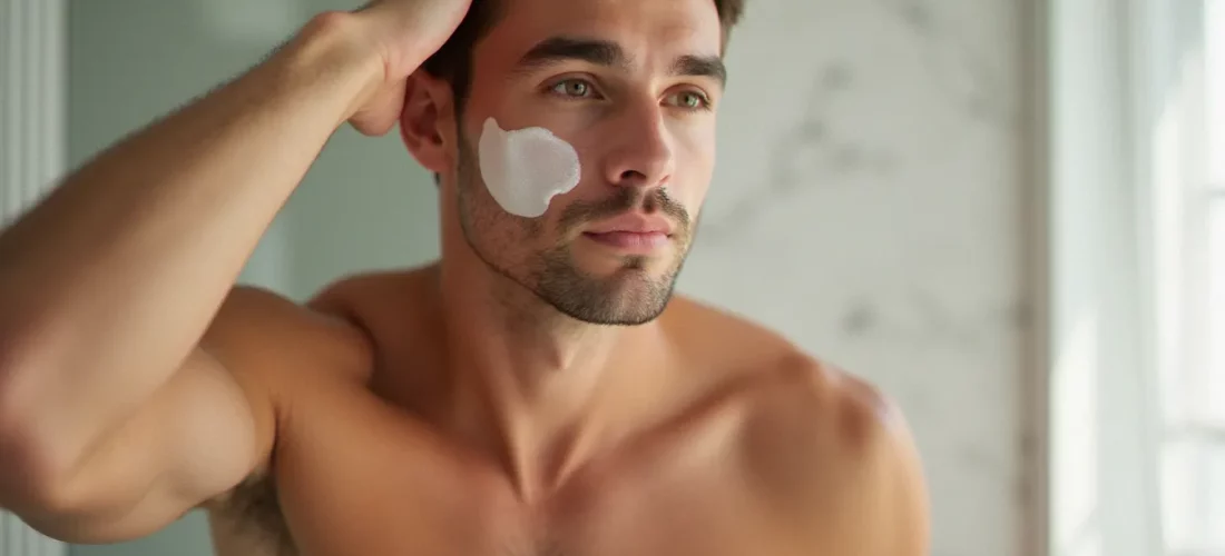 Homme appliquant un autobronzant visage sur une peau propre dans une salle de bain lumineuse aux tons clairs
